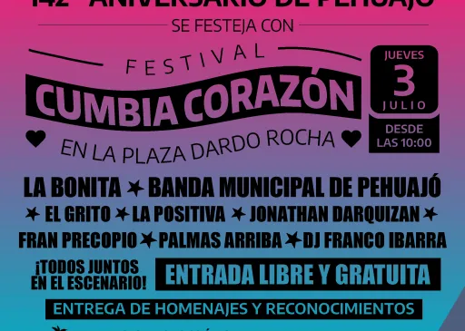 Pehuajó festeja su 142º aniversario con Cumbia Corazón 
